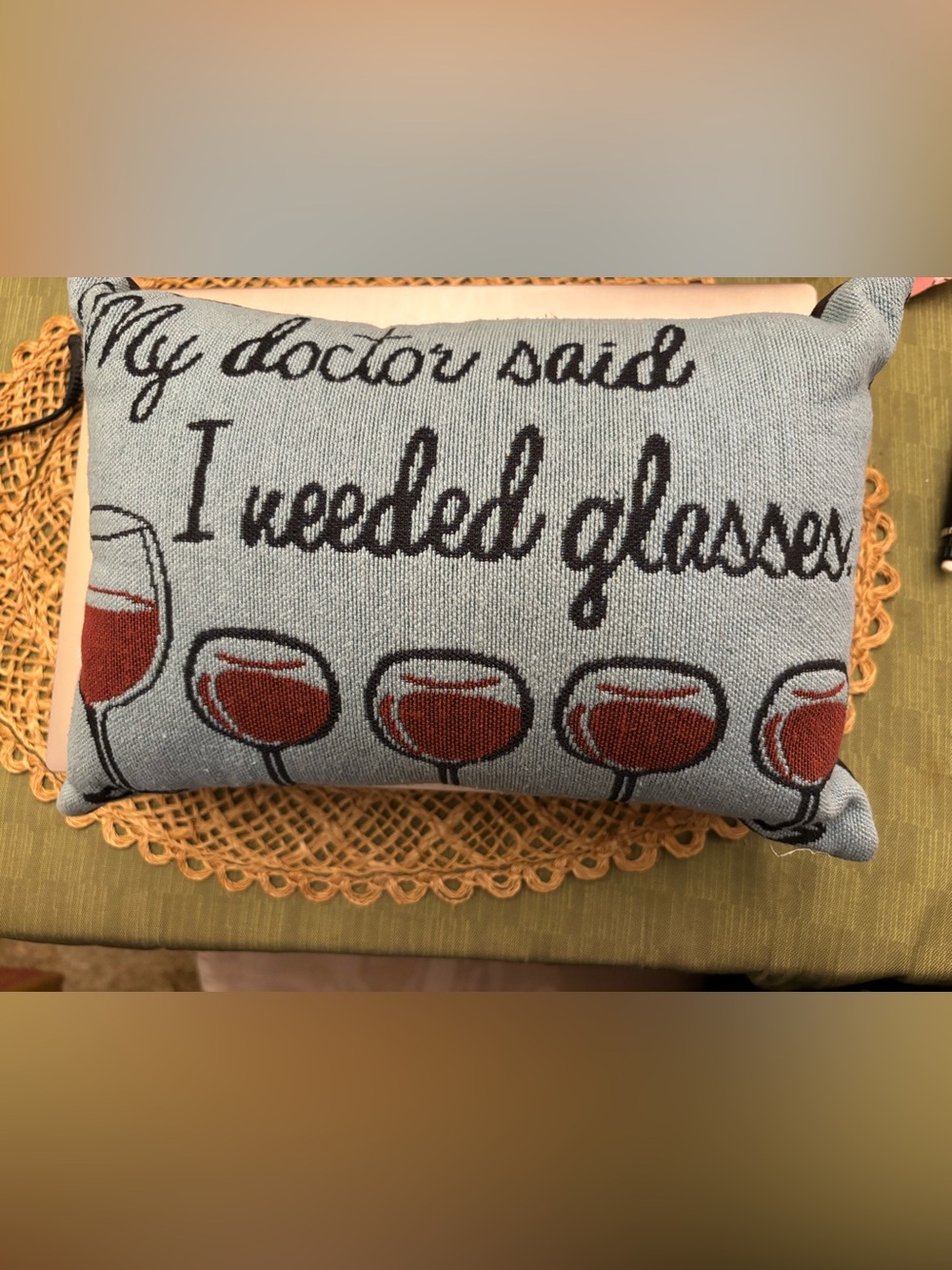 Blue Decorative Pillow with Wine Glass Motif